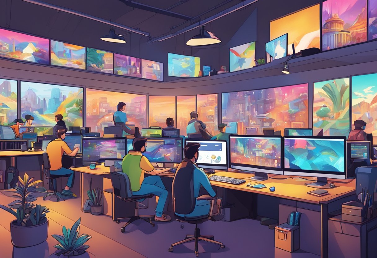 A bustling studio with animators at work, surrounded by colorful concept art and computer screens displaying various animation company logos