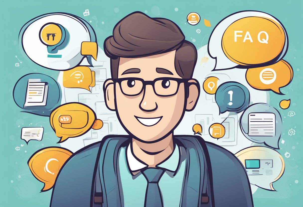 An animated character surrounded by speech bubbles with testimonials and FAQ symbols