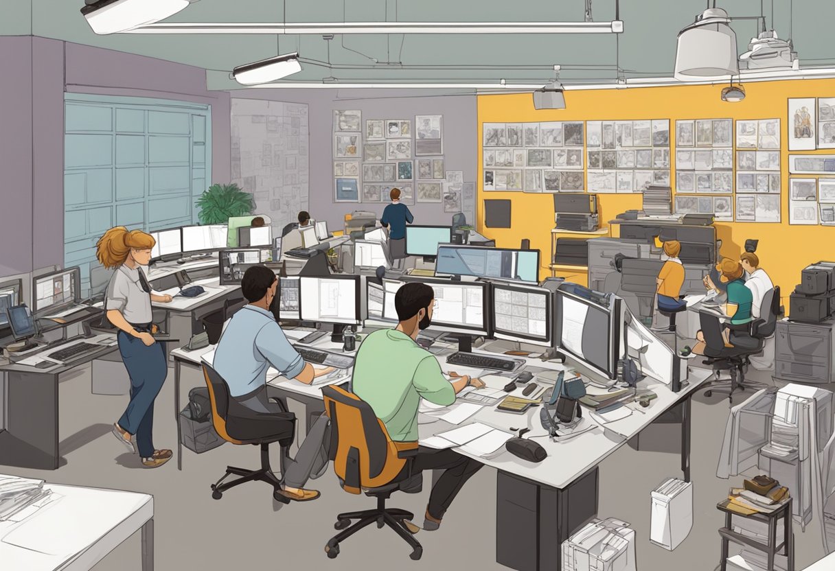 A bustling studio with animators at work, surrounded by storyboards and animation equipment
