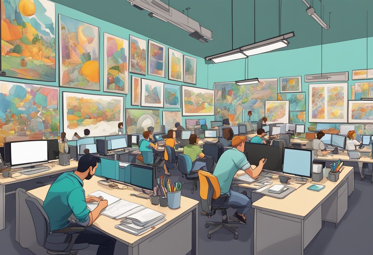 A bustling animation studio with artists sketching, animators working at their desks, and colorful storyboards covering the walls