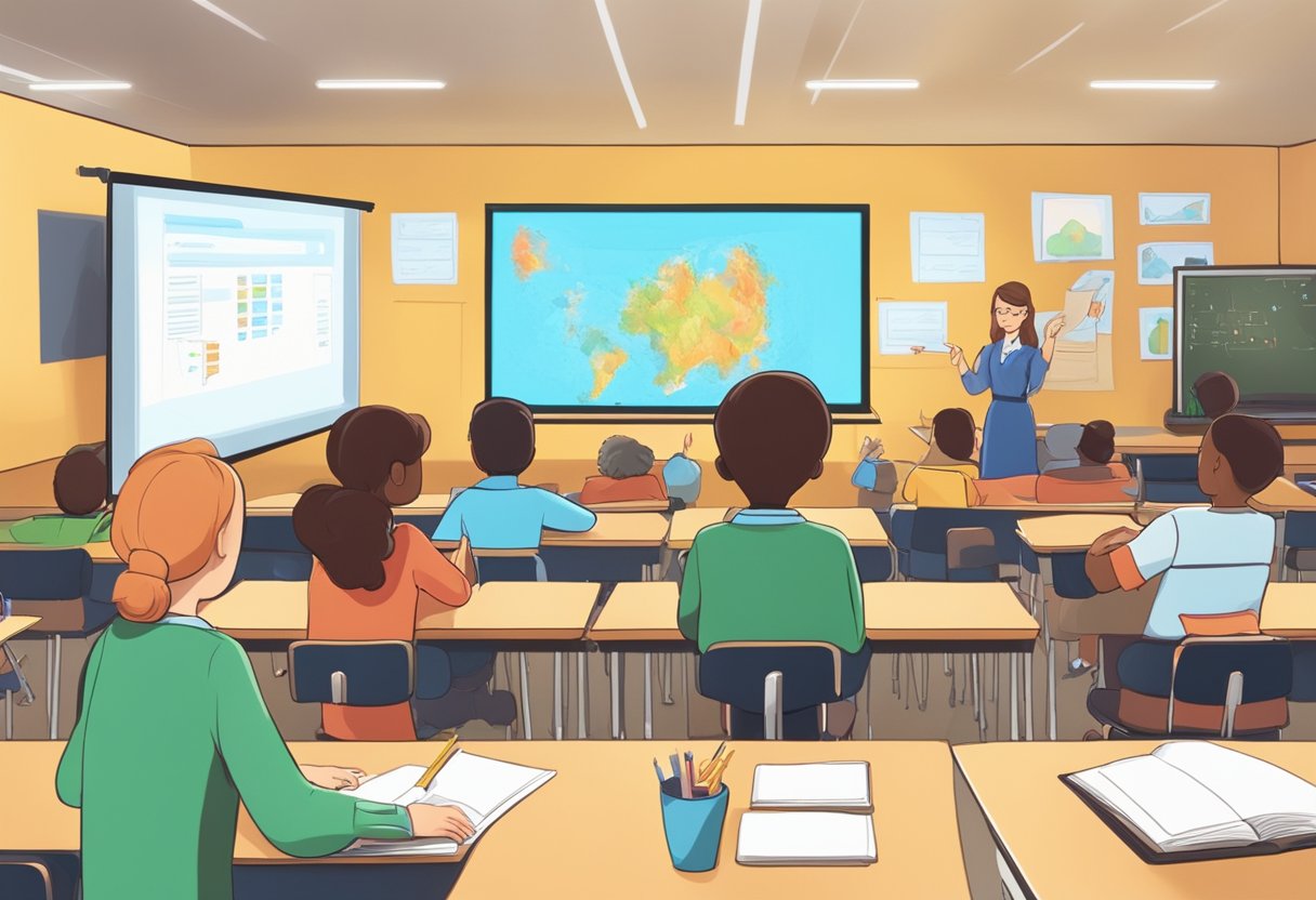 A classroom setting with a large screen showing the evolution of educational animation. Students are engaged and the teacher is pointing at the screen