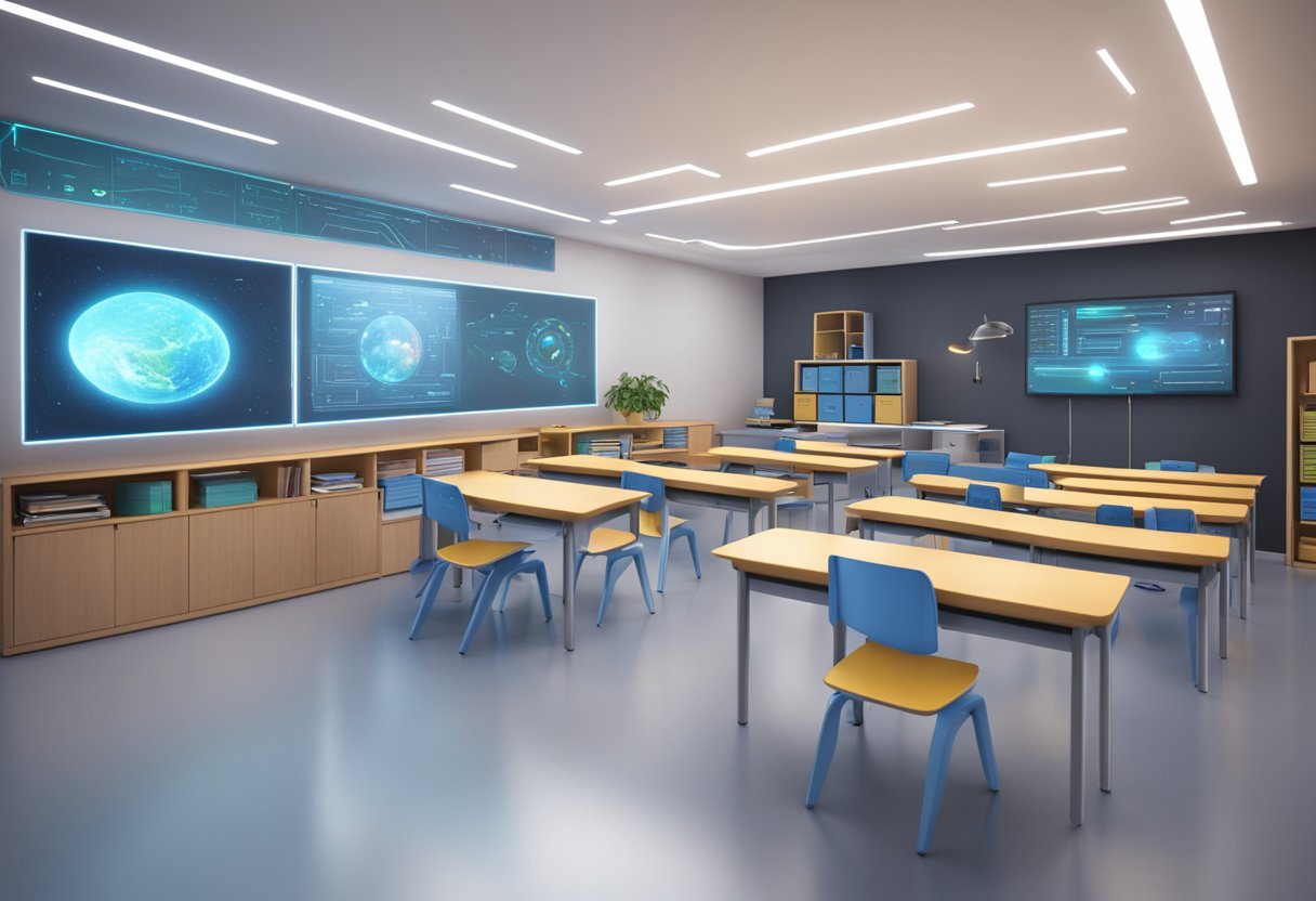 A classroom setting with futuristic holographic displays and interactive CGI learning modules