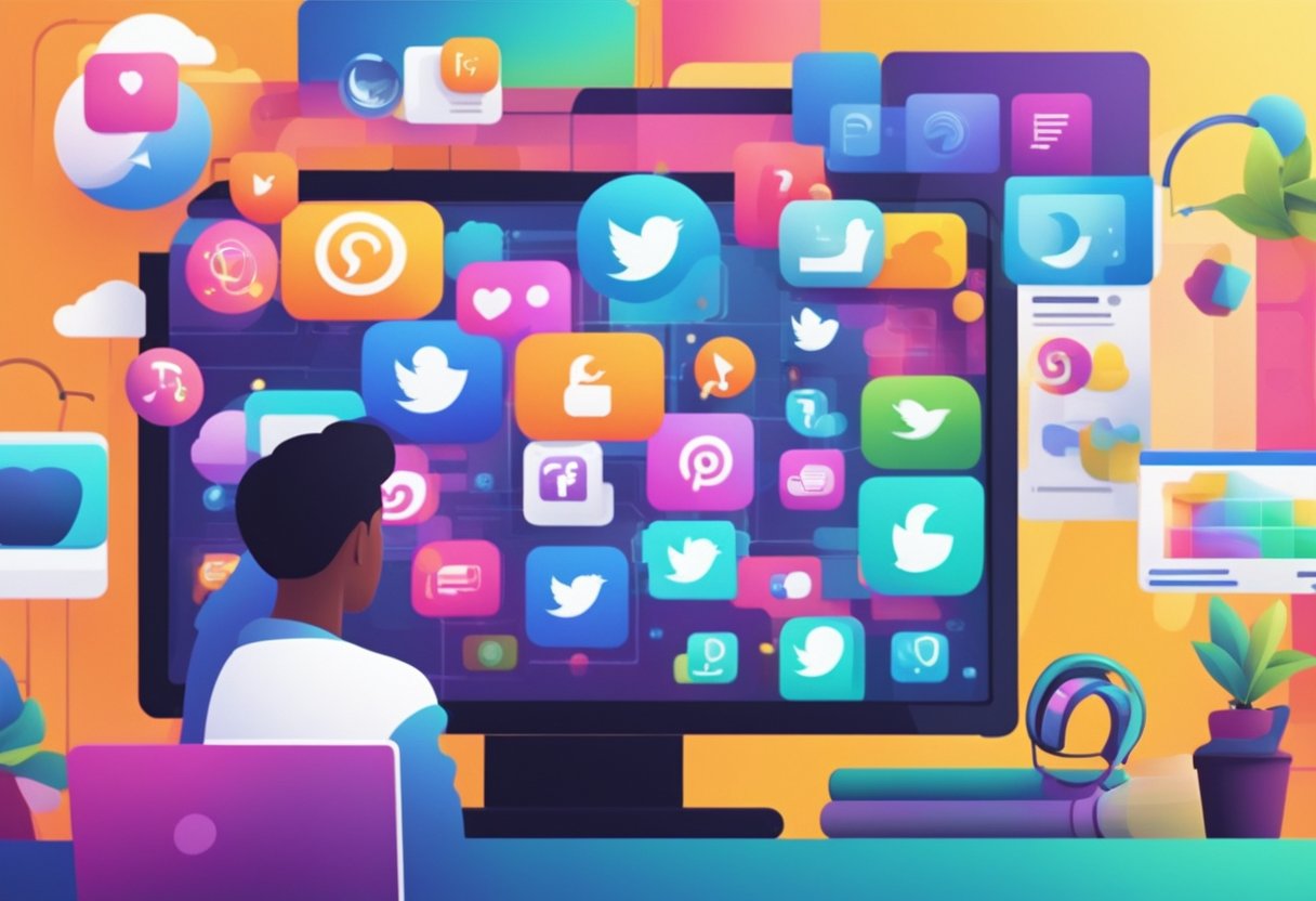 A vibrant animated scene with a computer screen displaying social media icons and a TV screen showing educational content. Bright colors and dynamic movement convey the integration of technology and learning