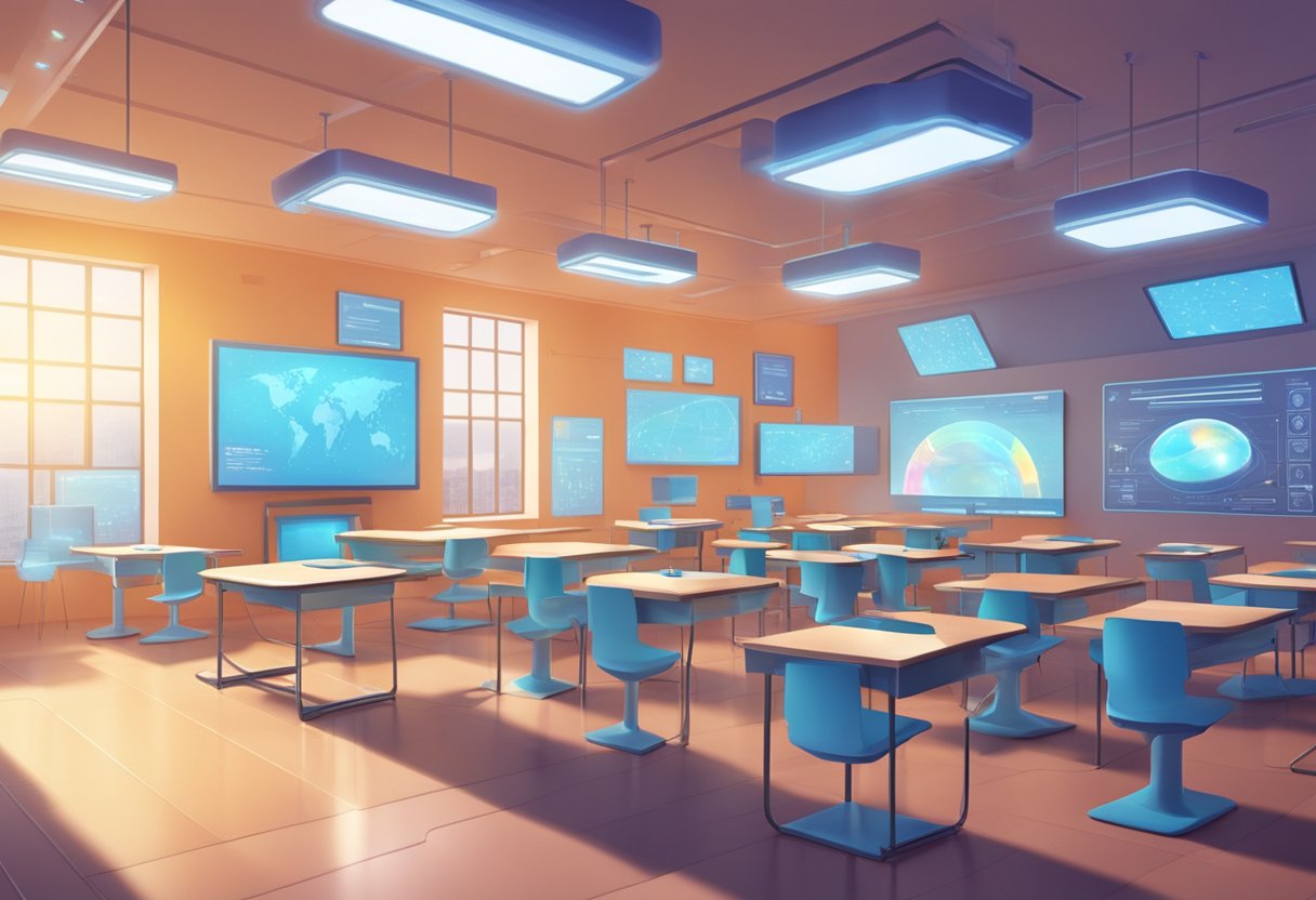 A futuristic classroom with animated holographic displays and interactive learning tools