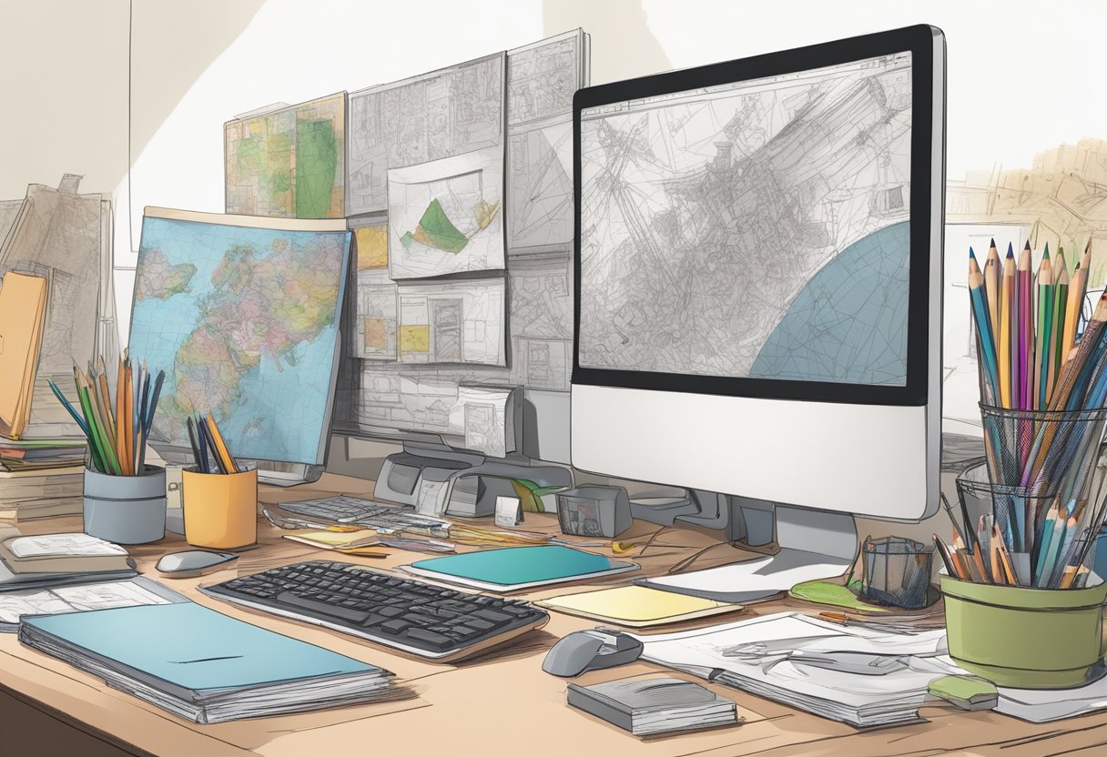 A cluttered desk with scattered pencils, sketches, and a computer screen displaying an intricate animation in progress