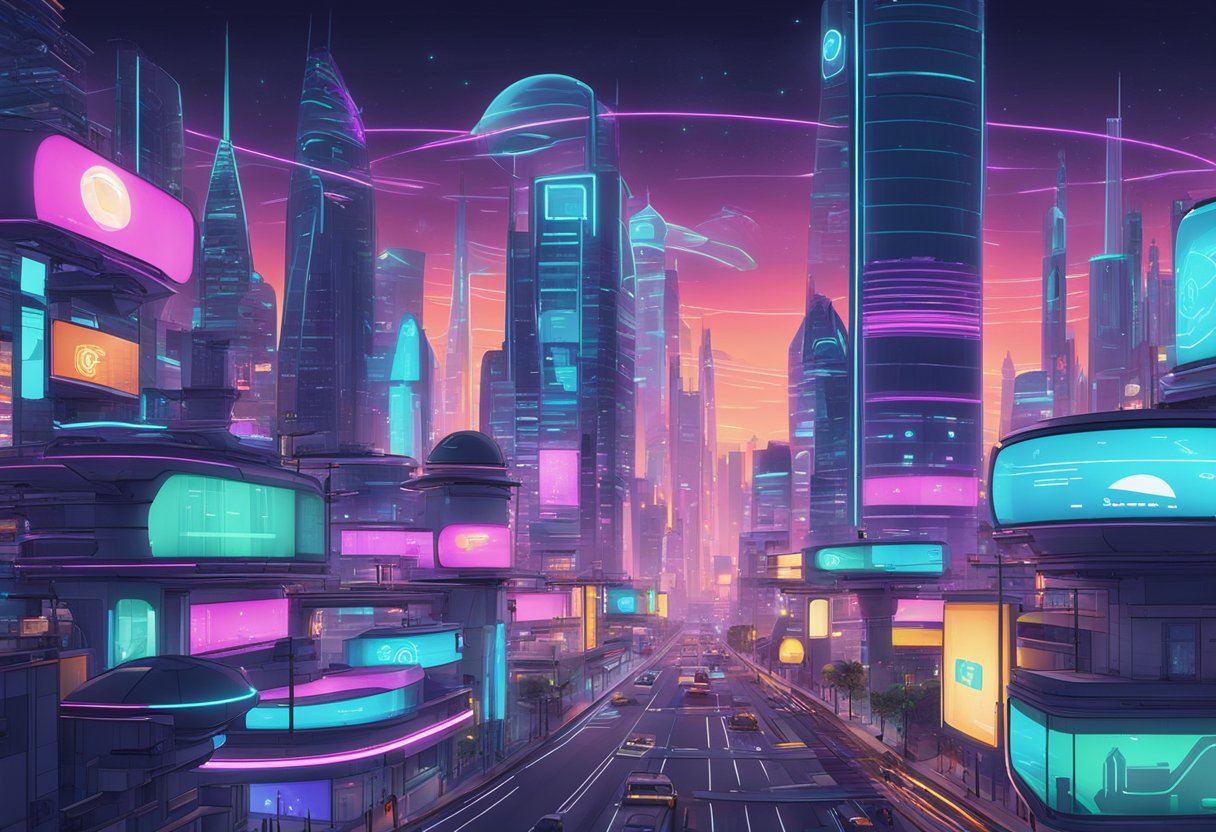 A futuristic cityscape with neon lights and animated billboards, showcasing the cutting-edge technology of a custom animation provider in London