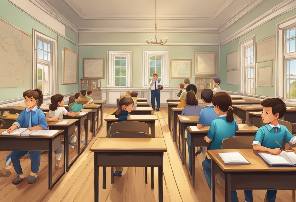 A classroom in a historical setting with a teacher and students engaged in learning activities