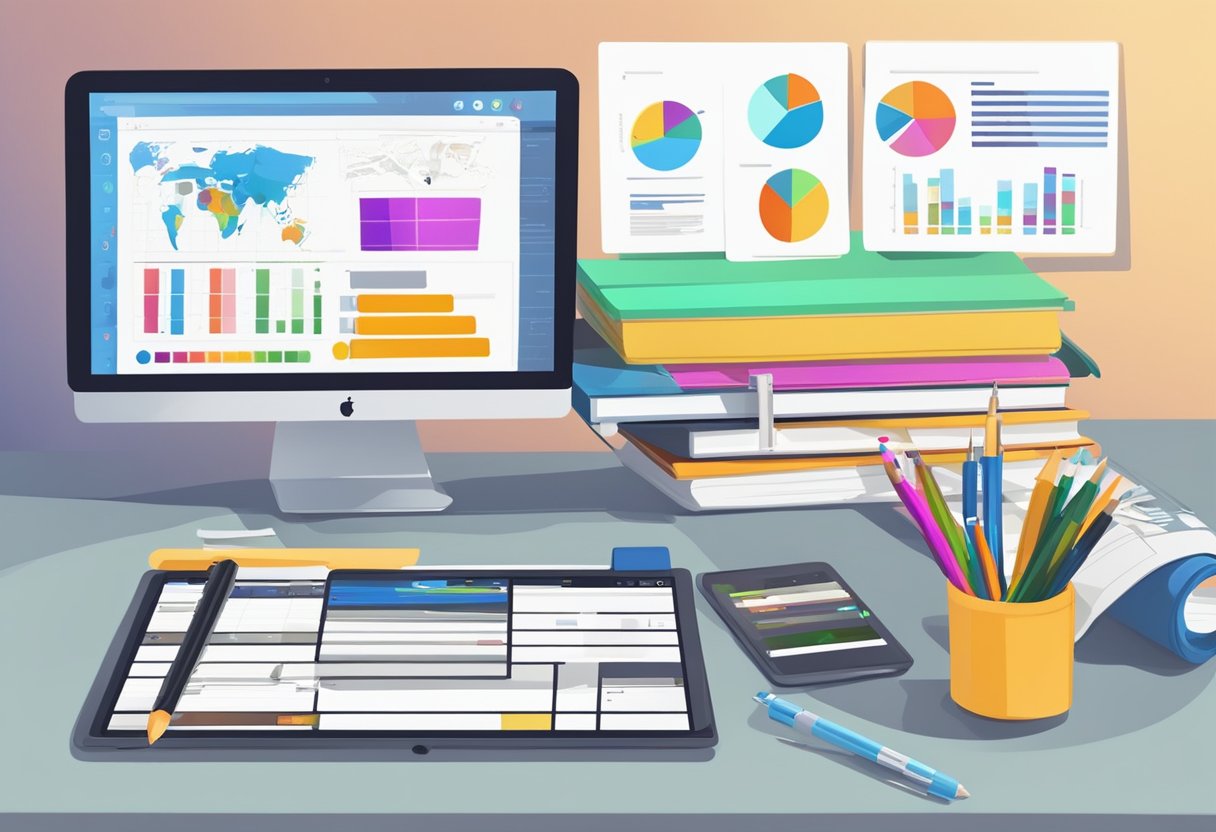 A computer screen displaying a digital animation software interface with various tools and a timeline, surrounded by educational books and a tablet with stylus