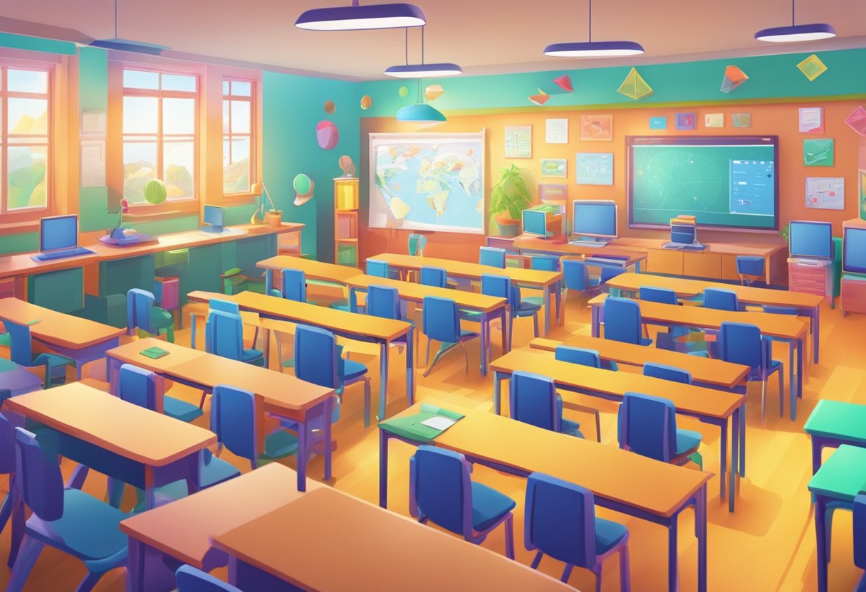A vibrant and dynamic classroom setting with colorful visuals and interactive technology for an educational animation curriculum