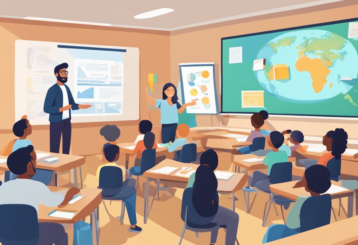 A classroom setting with a teacher presenting a curriculum on a screen, surrounded by students engaged in learning activities