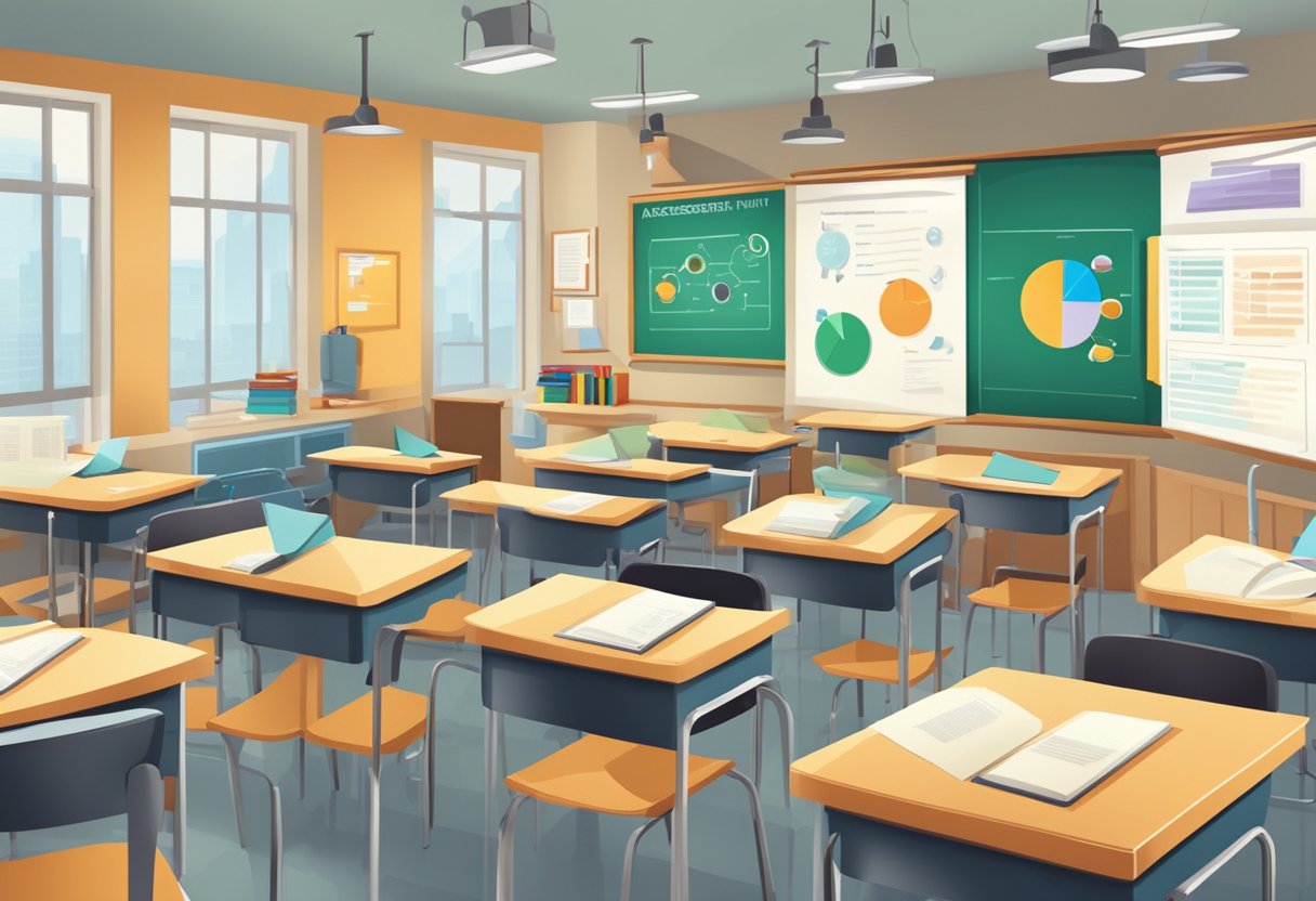 An animated infographic displaying various assessment and evaluation methods in a classroom setting