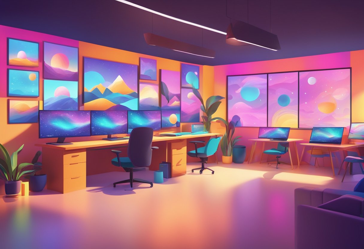 A vibrant, glowing animation studio with colorful palettes and light reflecting off the screens, creating an immersive and dynamic learning environment