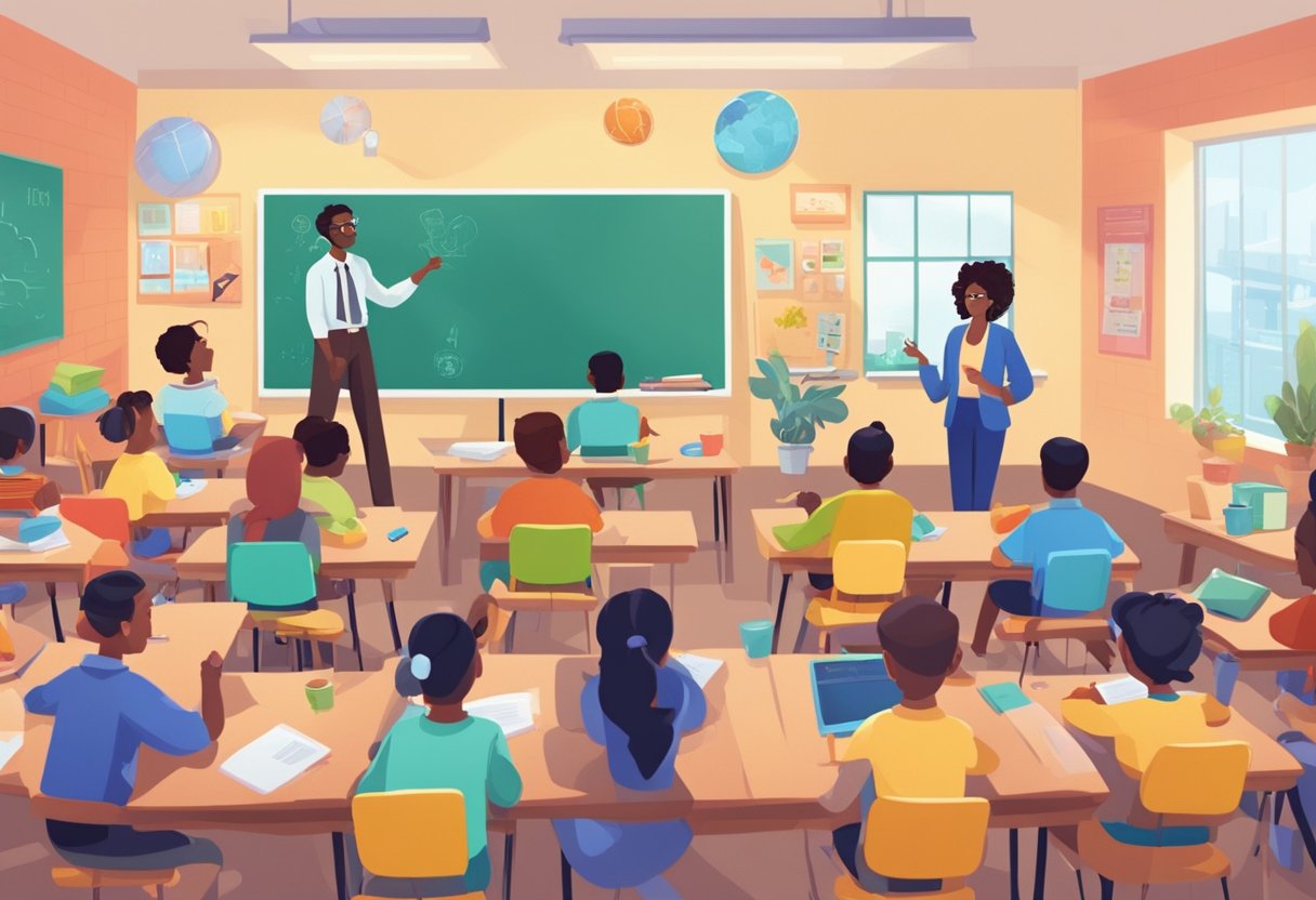 A classroom filled with animated characters teaching various subjects, surrounded by colorful and engaging visuals