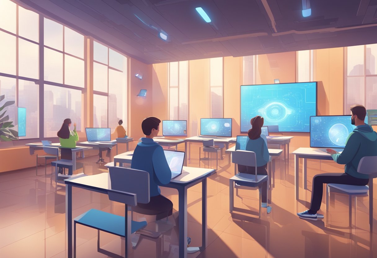 A futuristic classroom with animated holographic displays teaching various subjects