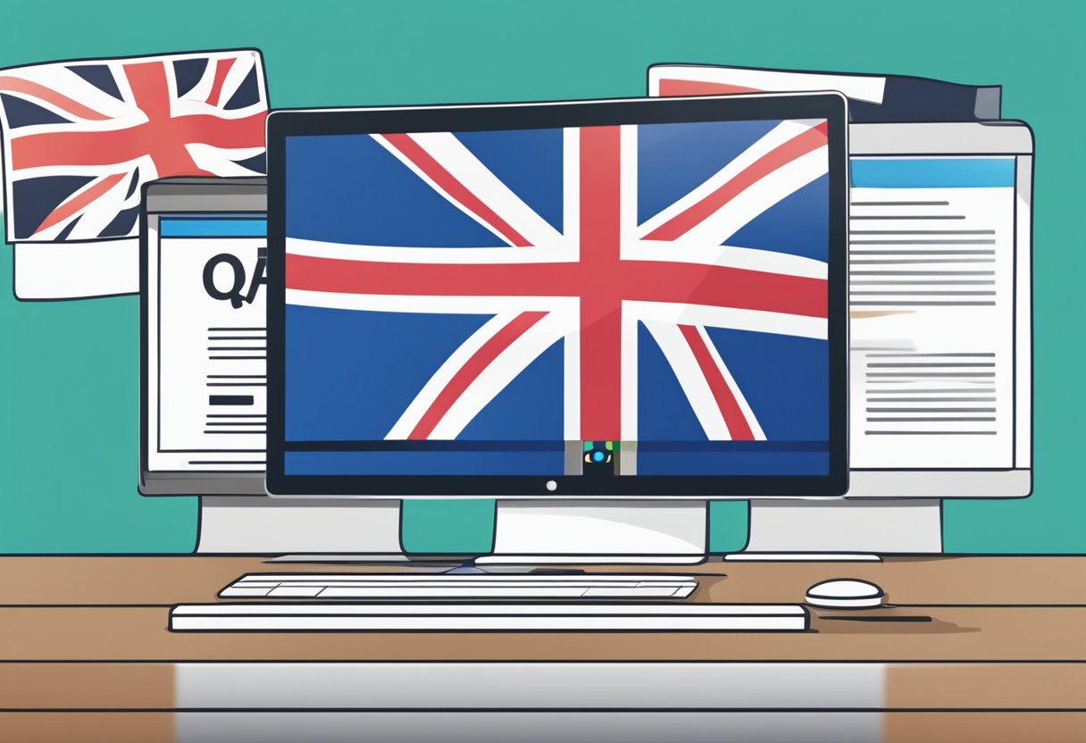 A computer screen displaying an animated FAQ section with a stylized UK flag in the background