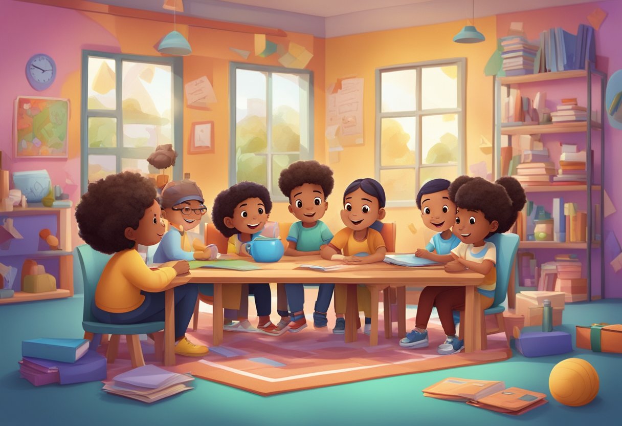 A group of diverse animated characters engage in storytelling, surrounded by educational props and colorful backgrounds