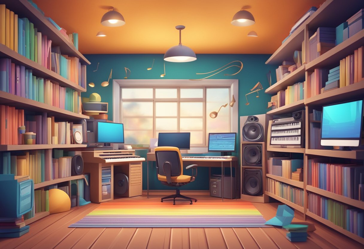 A colorful animation studio with musical notes and sound waves filling the air, while voiceover scripts and educational content line the shelves