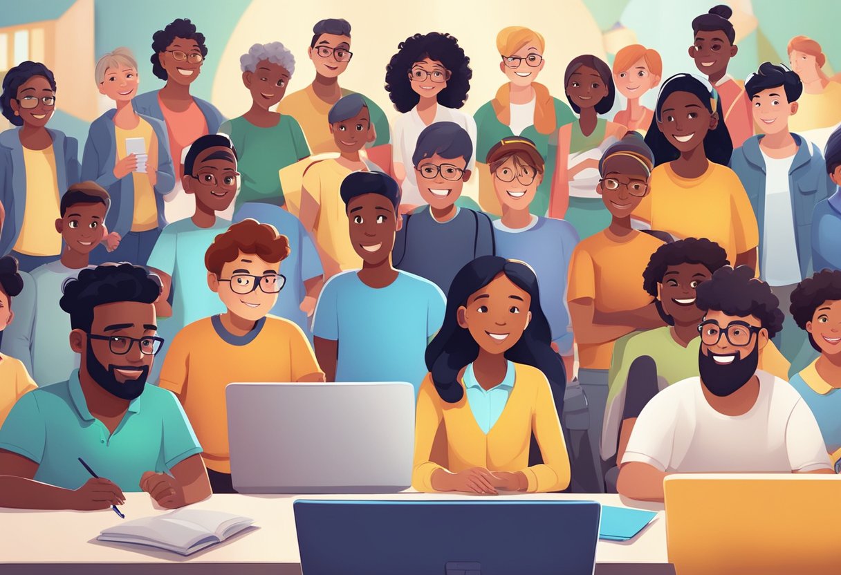 A diverse group of animated characters engage in learning activities across different digital platforms and educational formats