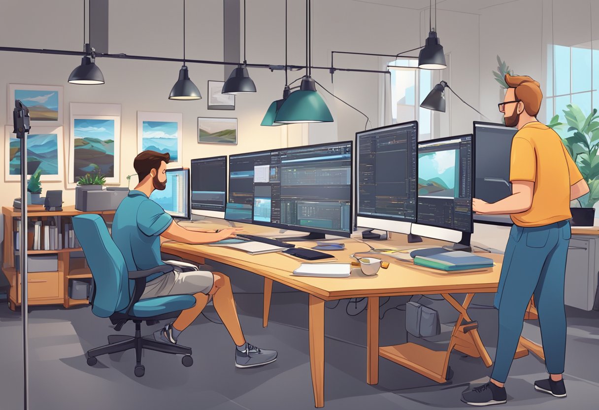 A bustling animation studio filled with state-of-the-art equipment and a team of dedicated professionals working on educational content