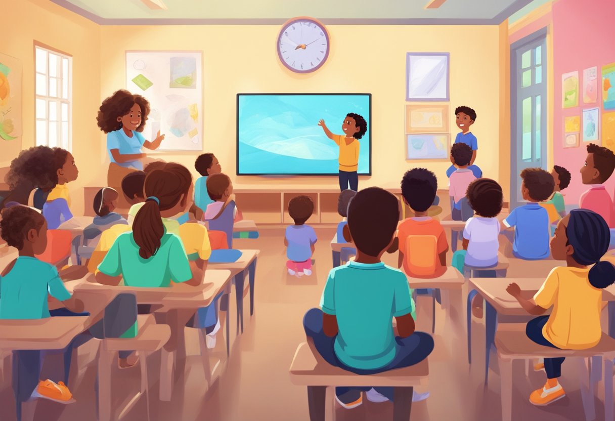 A group of diverse children watching a vibrant, engaging educational animation on a large screen in a classroom setting