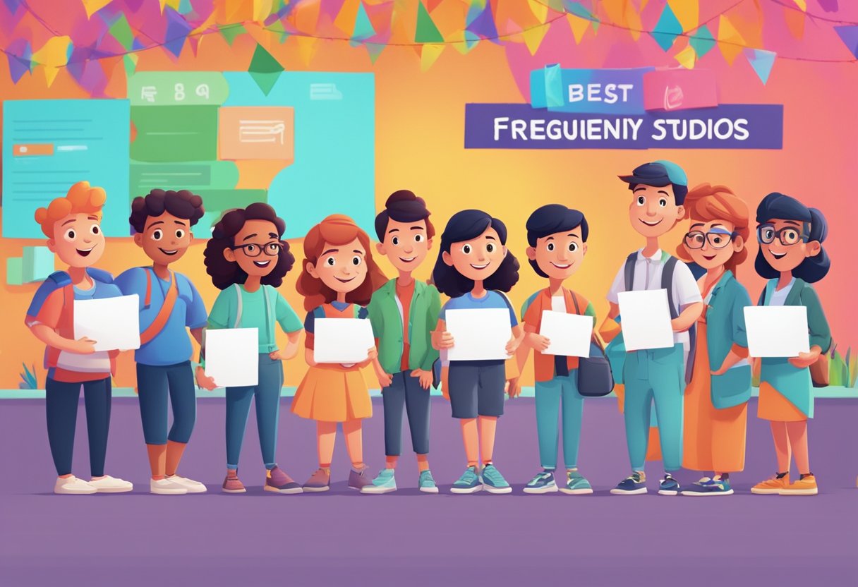 A group of animated characters stand in front of a colorful backdrop, holding signs with "Frequently Asked Questions" and "Best Educational Animation Studios" written on them