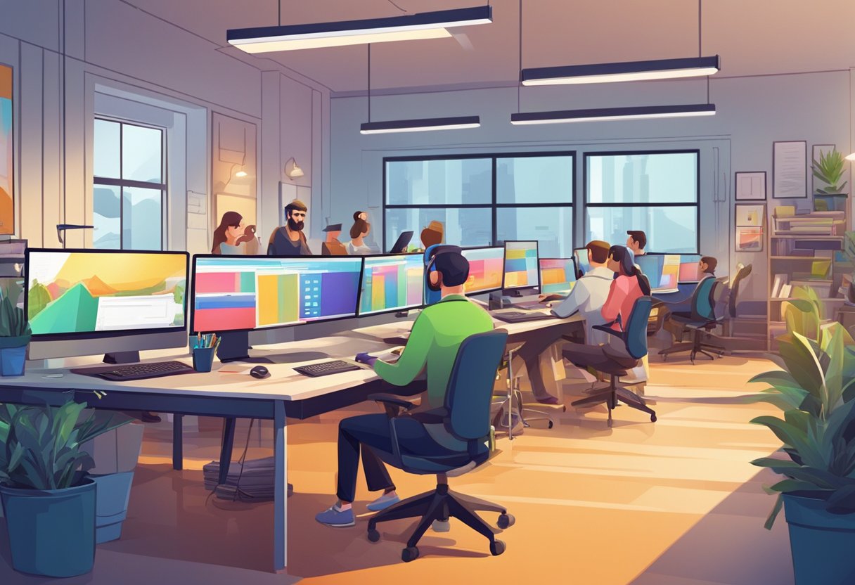 A bustling animation studio with colorful workstations and creative team meetings
