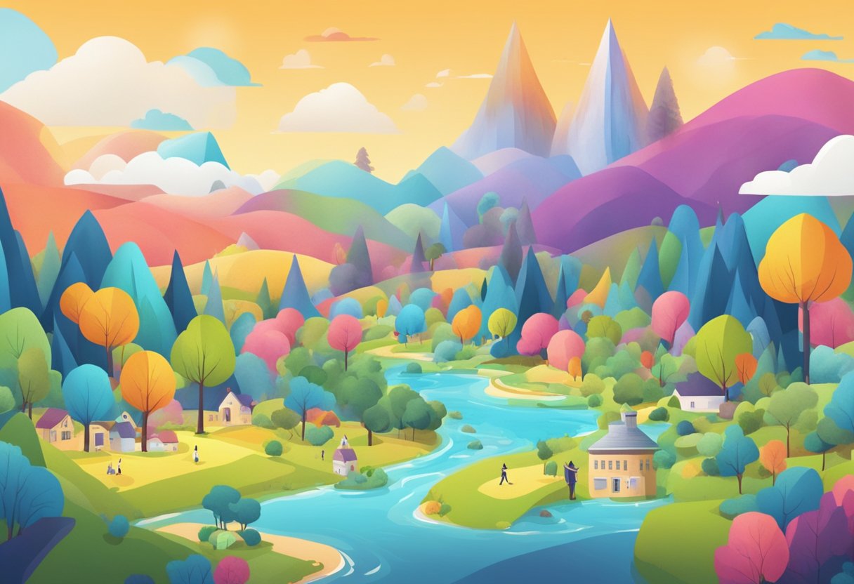 A colorful and dynamic digital landscape representing UK education, featuring interactive elements and animated characters