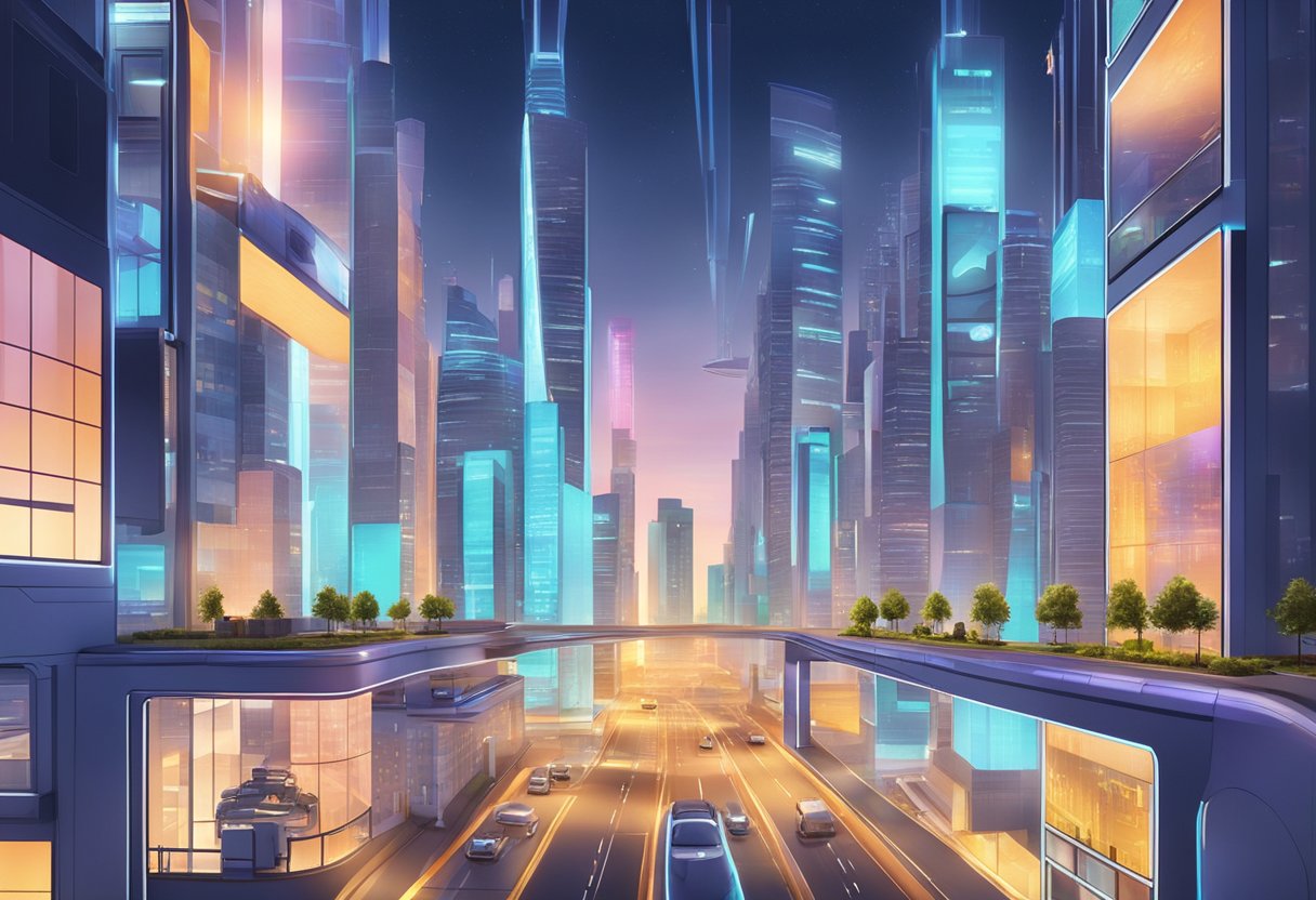 A futuristic cityscape with animated digital screens and buildings, showcasing career prospects in animation