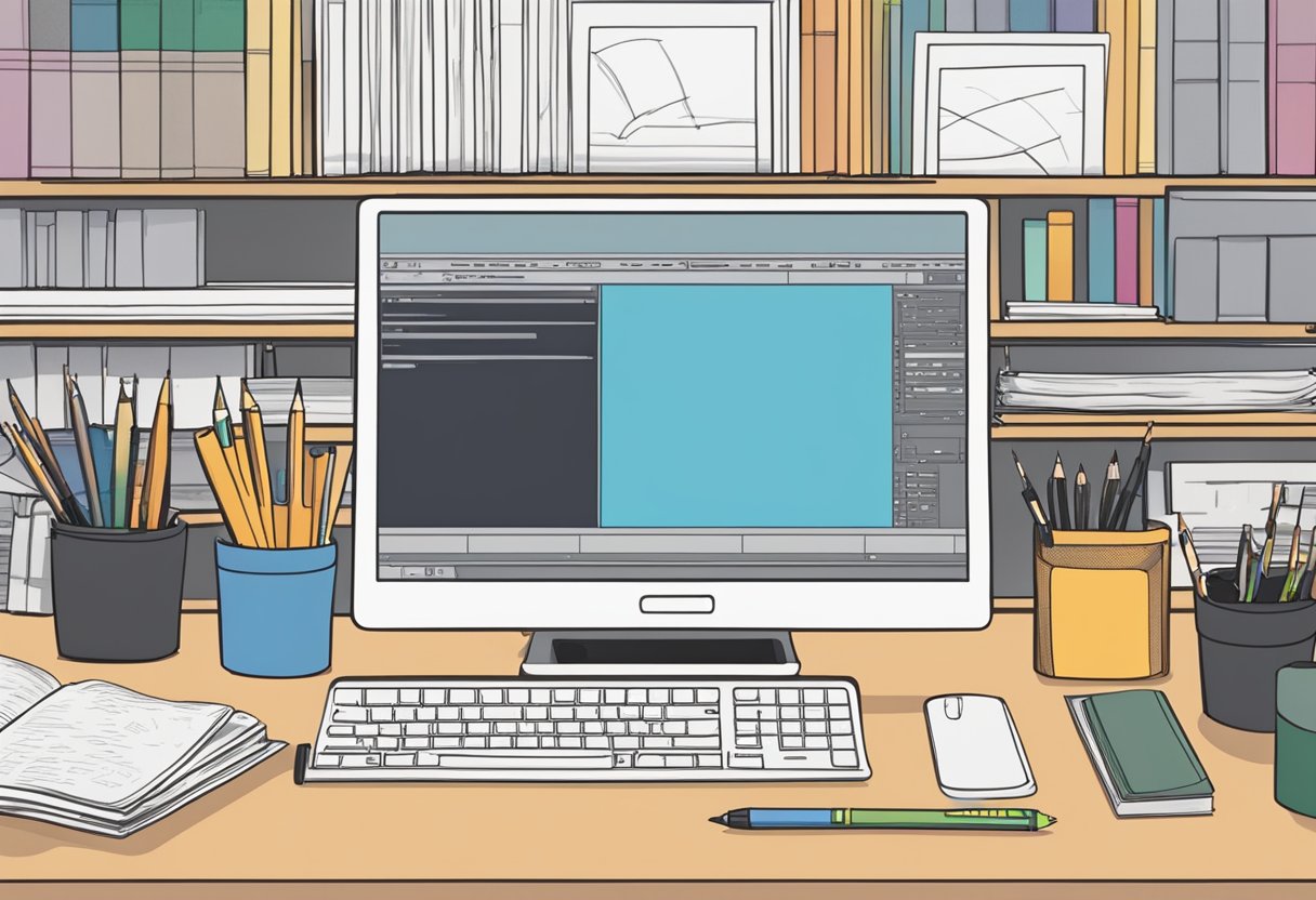 A computer screen with animation software open, surrounded by drawing tablets, pens, and reference books on animation techniques