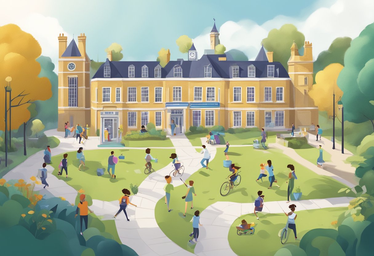 An animated scene of educational pathways and short courses, with digital elements and a UK theme