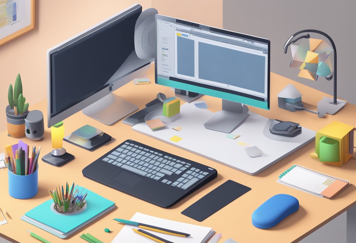 A computer with digital animation software surrounded by educational props