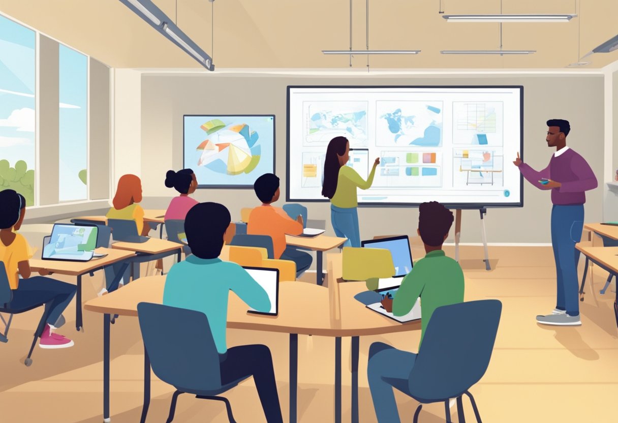 A classroom setting with a teacher explaining digital animation concepts on a whiteboard, while students engage with computers and tablets to create their own animated projects