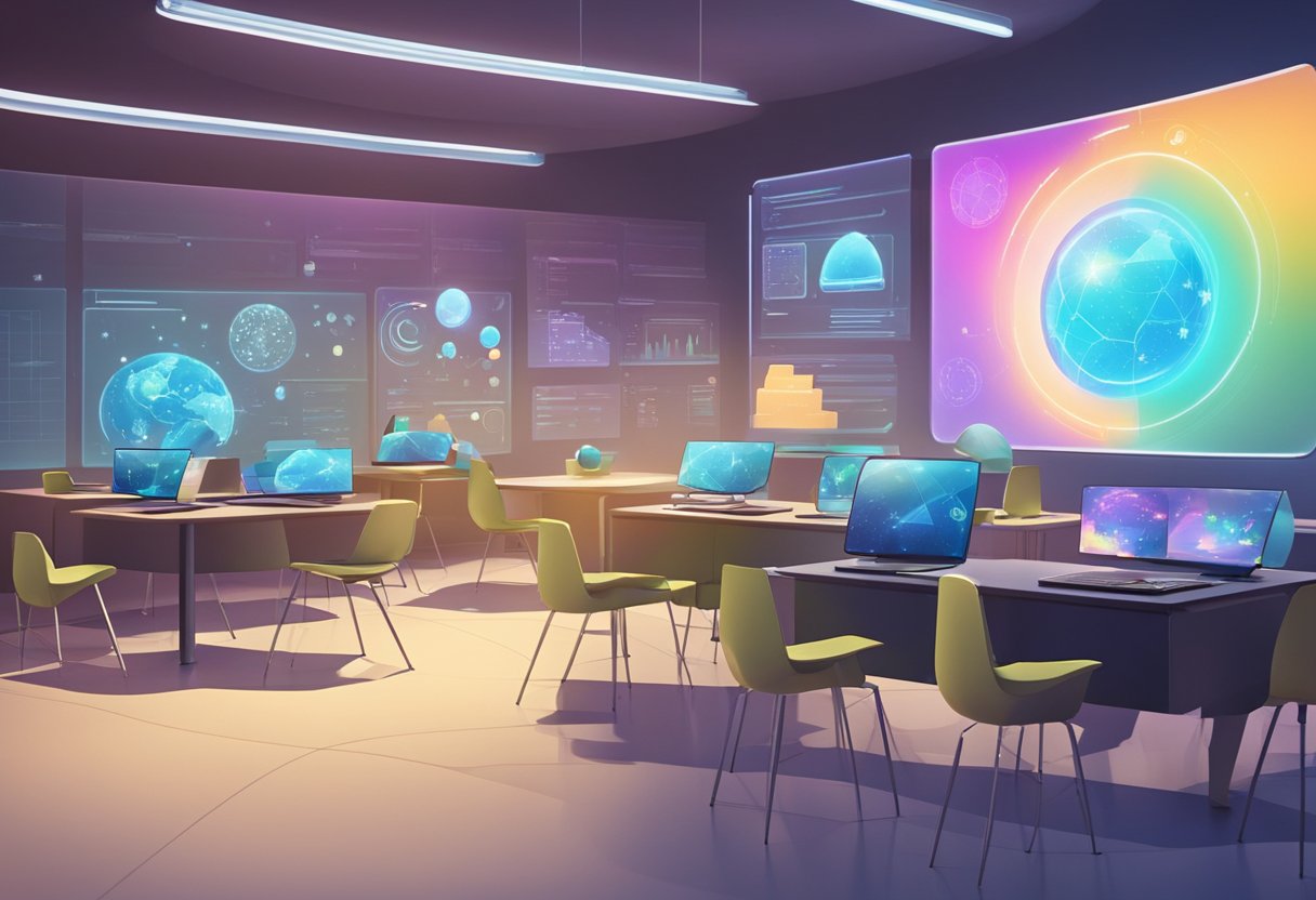 A futuristic classroom with interactive holographic displays and animated educational content projected onto the walls and desks