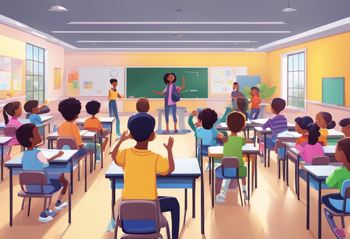 A colorful and dynamic animation of diverse characters interacting in a classroom setting, with engaging visuals and expressive movements