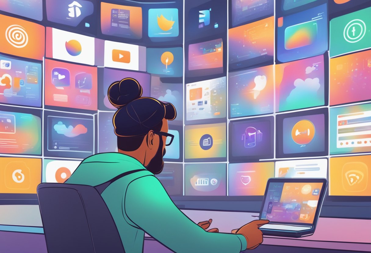 A person scrolling through a social media feed, choosing between an animated video and a static image. The screen displays various content options