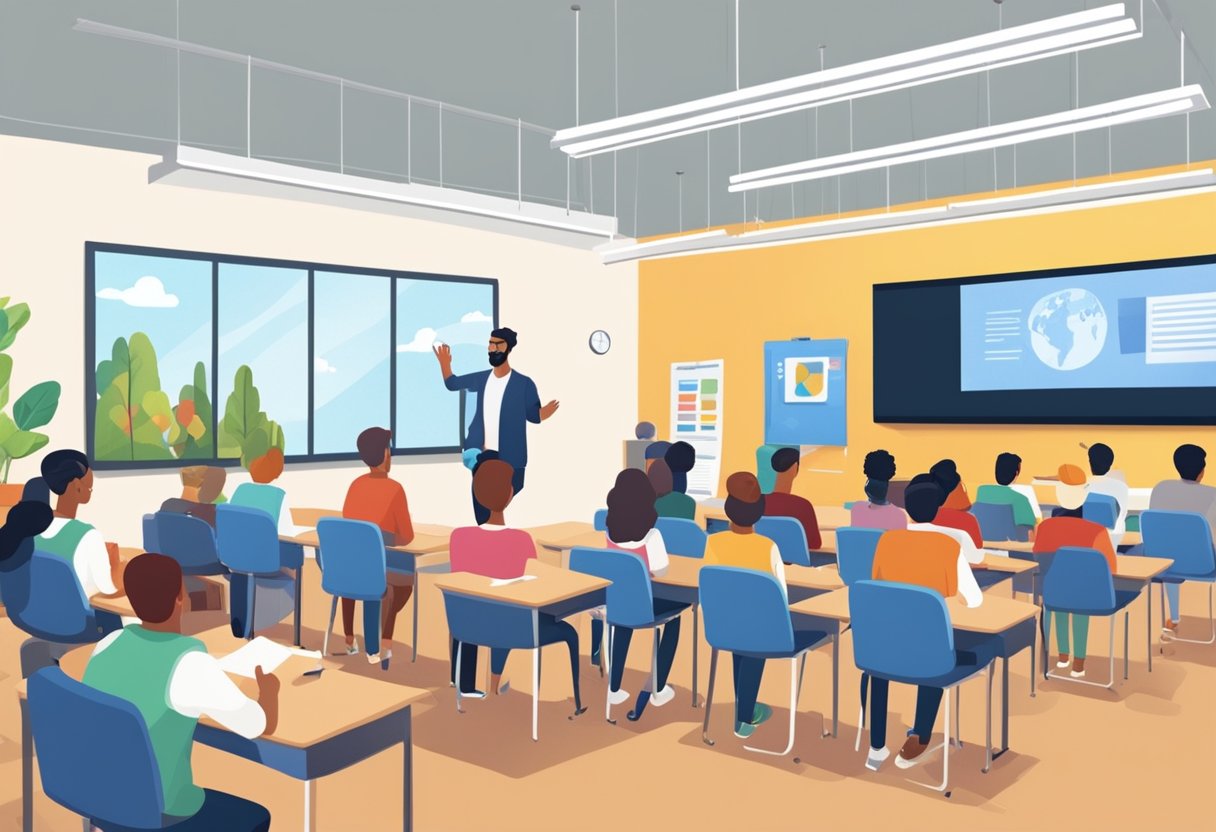 A classroom setting with a large screen showing an animated video related to the topic of the presentation, while students engage and interact with the content