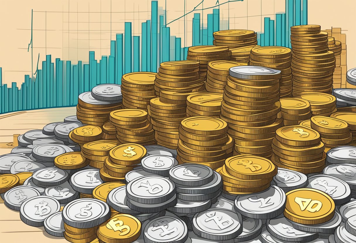A stack of coins tipping over, spilling into a pile, with a graph showing rising production costs in the background