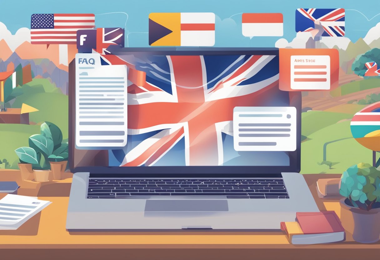 An animated FAQ section interacts with a static content section on a UK-themed background