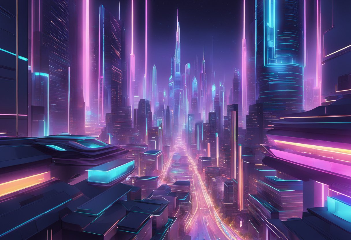 A dynamic, futuristic cityscape with neon lights and holographic displays, showcasing advanced visual effects technology