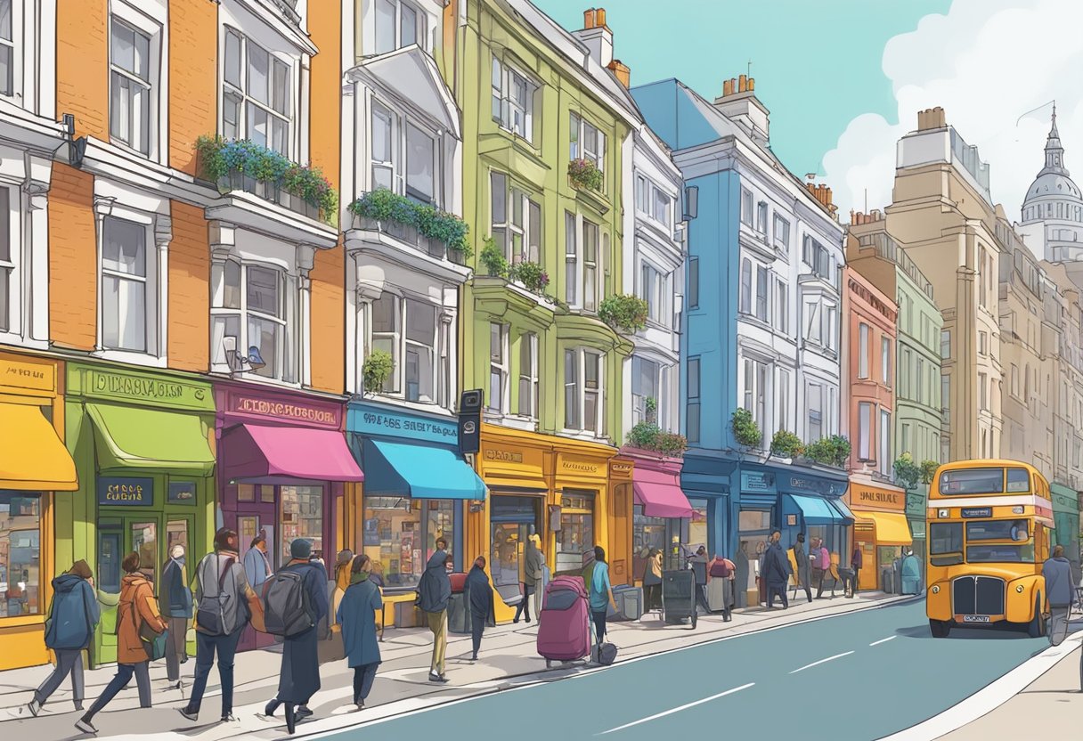 A bustling London street with colorful animation studios, artists at work, and vibrant signage