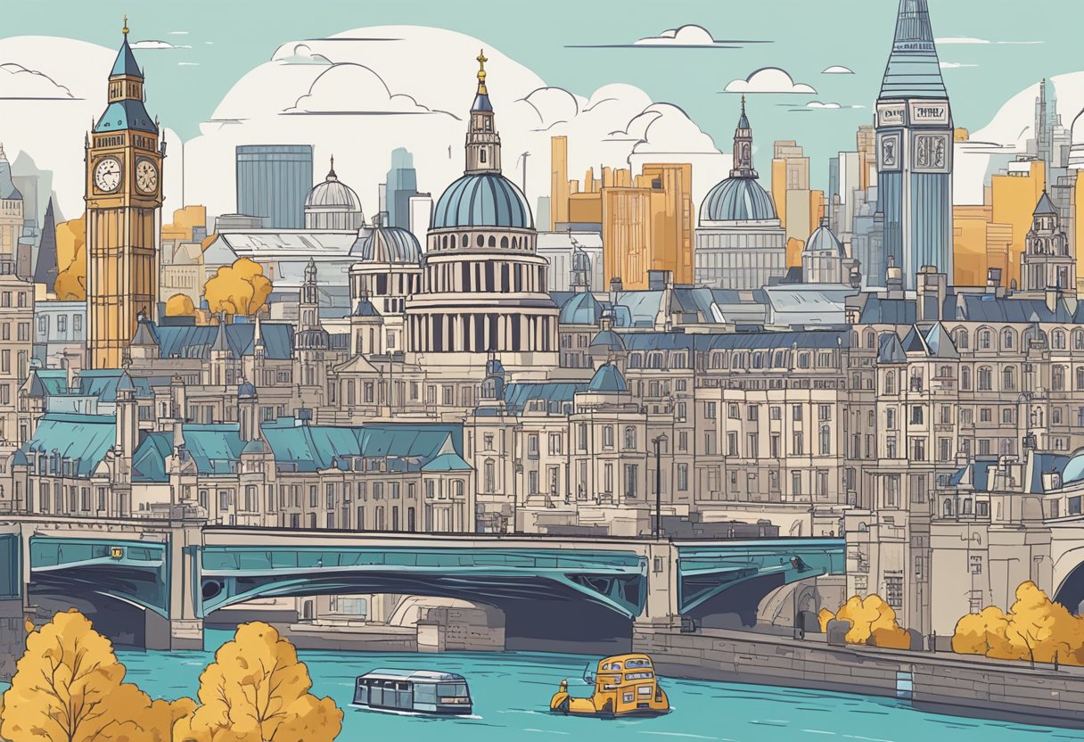 A bustling London cityscape with iconic landmarks and animated characters showcasing notable projects