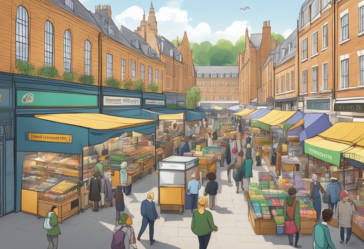 A bustling market with various educational animation products on display, showcasing the size and diversity of the UK market