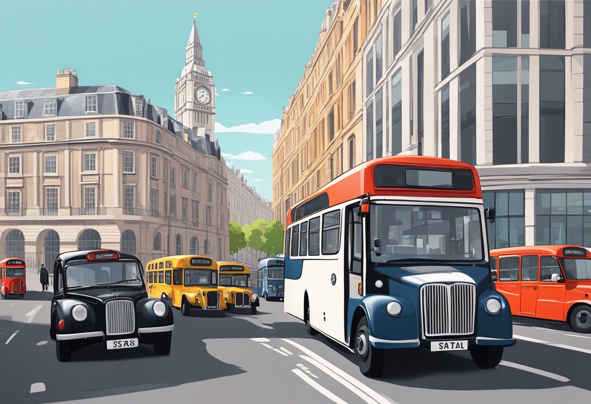 A bustling London street with iconic red buses and black cabs passing by, surrounded by modern animation studios