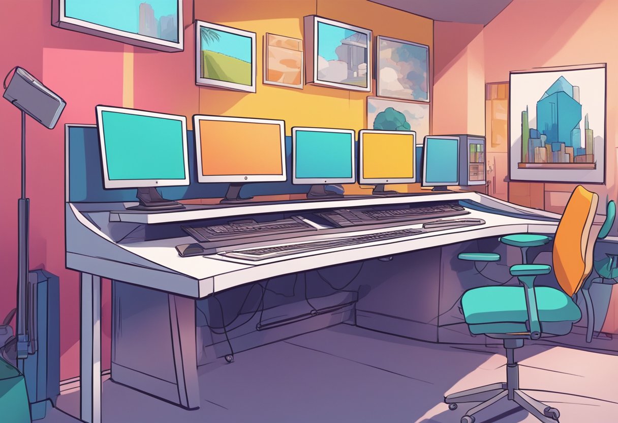 A colorful, dynamic animation studio with various styles of animation on display, from traditional hand-drawn to sleek digital designs