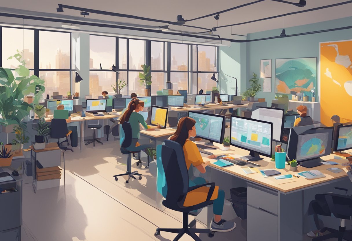 A bustling animation studio in London, filled with creative workstations, colorful concept art, and busy artists collaborating on projects