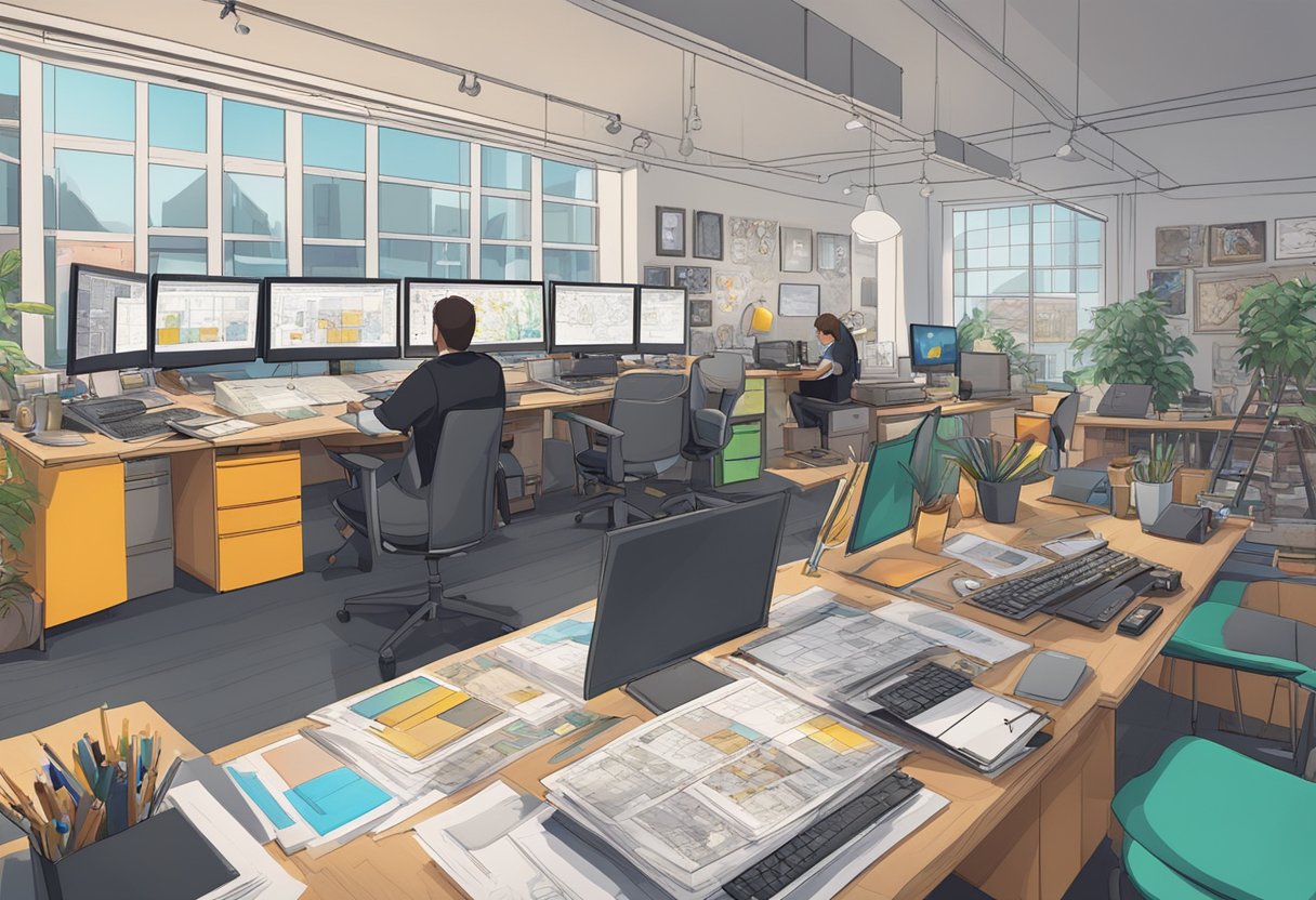 A bustling animation studio in London, filled with artists at work, surrounded by colorful concept art and storyboards