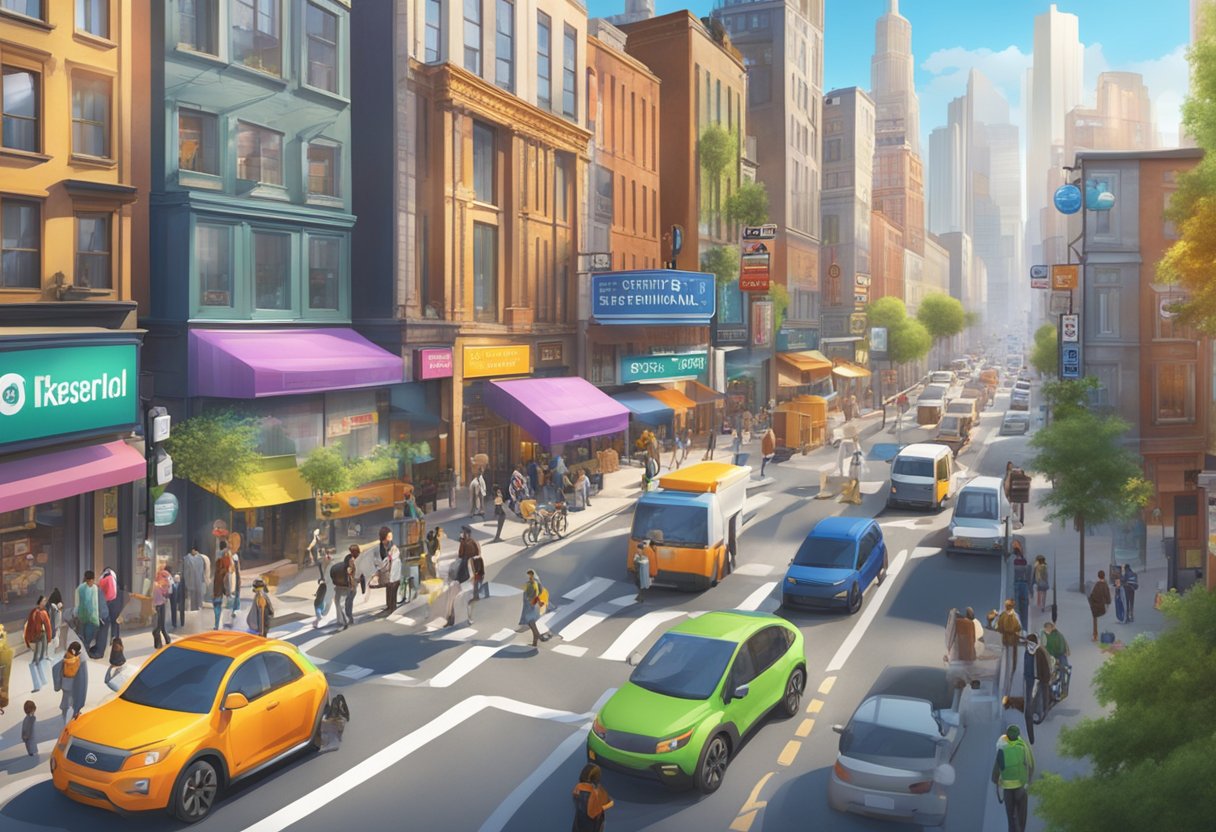 A bustling city street with multiple animation studio signs and logos, showcasing various certifications and industry recognition