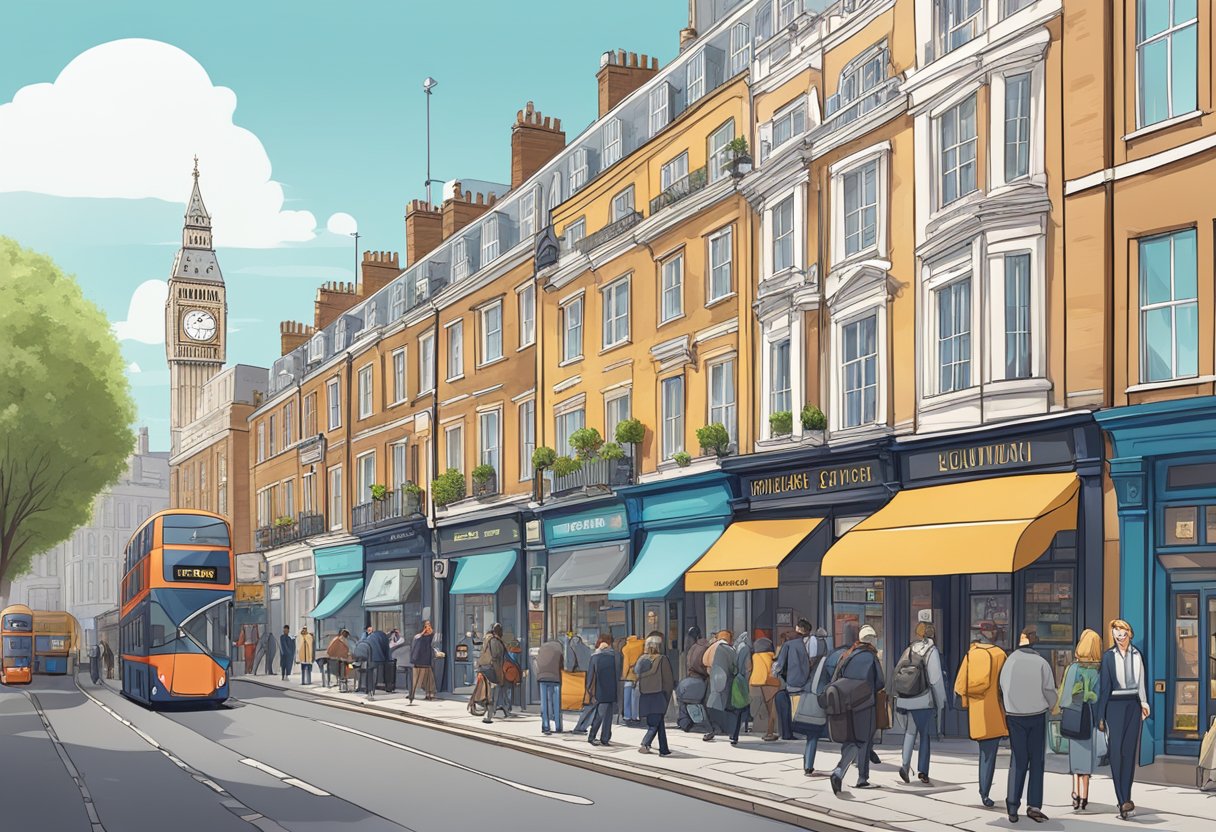 A bustling London street with iconic film and TV animation studios, each with their own unique style and flair