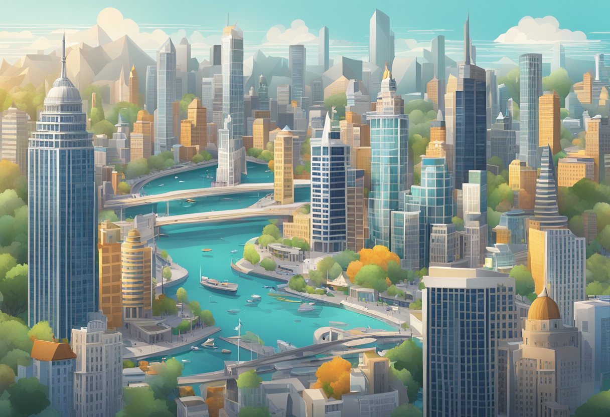 A bustling cityscape featuring iconic landmarks and modern architecture, with multiple animation studios highlighted in the foreground