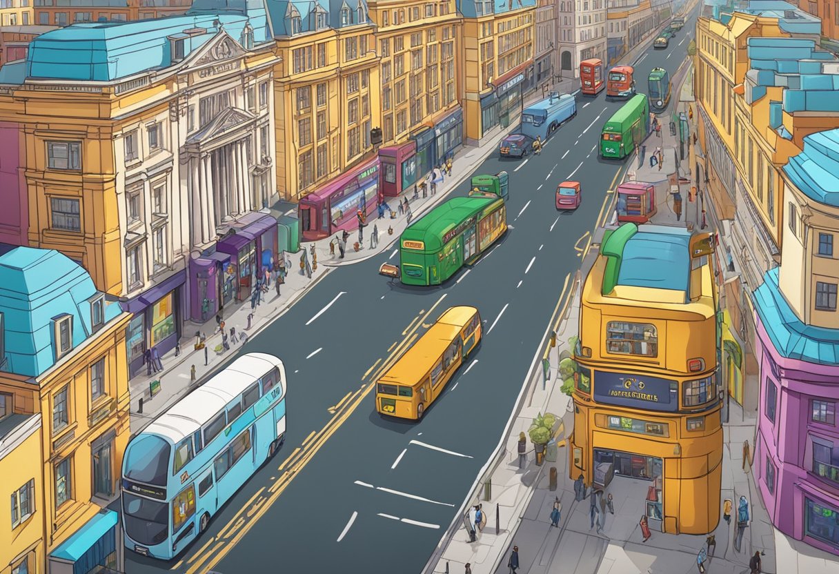 A bustling London street with iconic animation studios lining the road, each building adorned with colorful and imaginative artwork, showcasing the vibrant future of animation